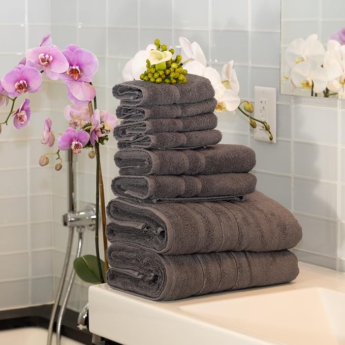 Mosobam Luxury Turkish 8pc Towel Set 30X58 16X30 13X13 Charcoal Gray 700 GSM - Image 2
