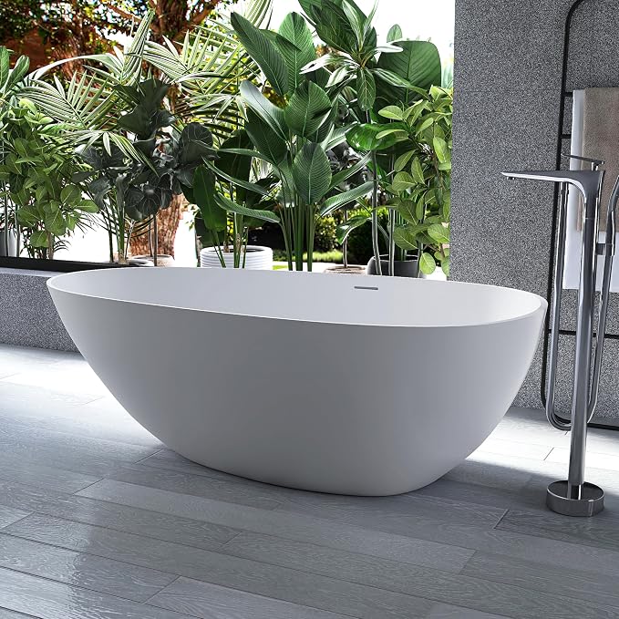 67" Stone Resin Freestanding Bathtub, Oval Solid Surface Bathroom Freestanding - Image 3