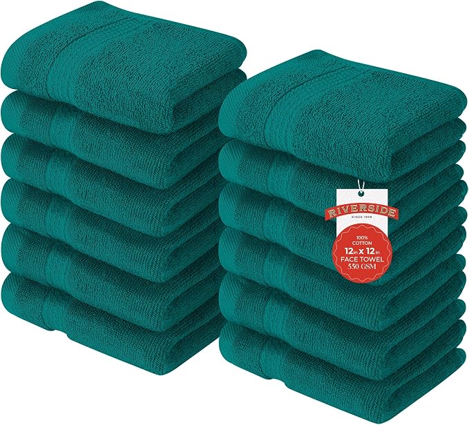 RIVERSIDE 12 Pack Premium 100% Cotton Face Washcloths, 550 GSM, 12 x 12 Inches by RIVERSIDE