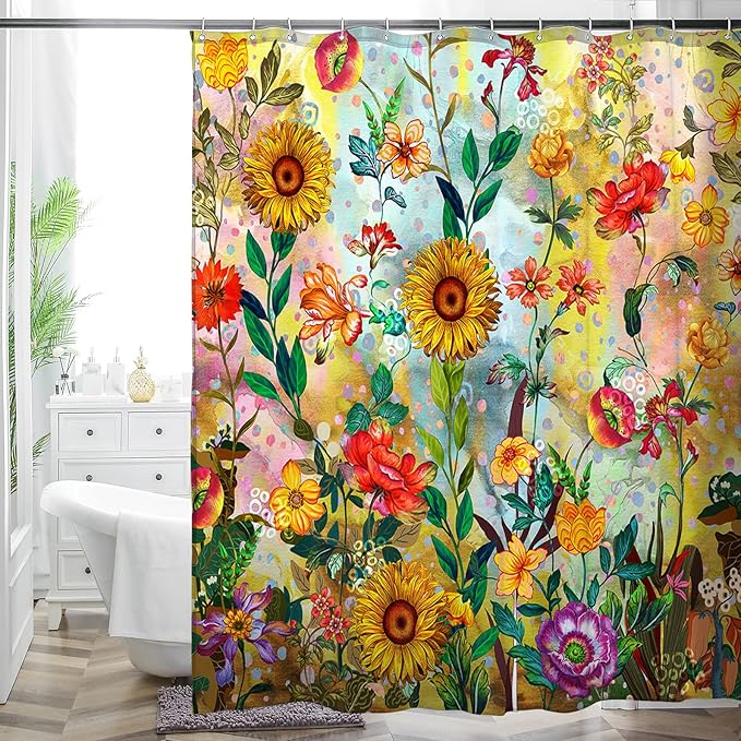 Bohemian Shower Curtain, Boho Floral Print Water Repellent Polyester Fabric by WCWahChunshowercurtains