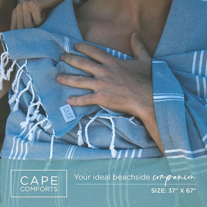 Oversized Turkish Beach Towel, Striped Pale Yellow & Powder Blue - Image 2
