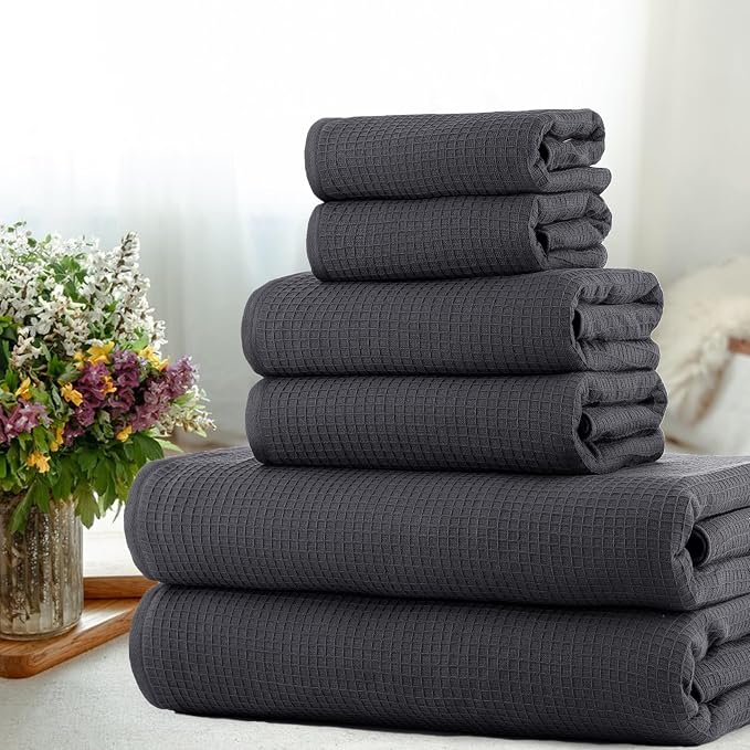 CASA COPENHAGEN Waffle Terry Towel 6Pcs Set, Cotton Extra Large Luxurious- Pine - Image 2