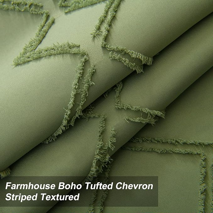 No Hooks Shower Curtain with Snap-in Liner, Sage Green Boho Tufted Chevron - Image 3
