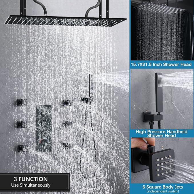 Matte Black Shower System 16 Inches Ceiling Mount Full Body Shower Faucet Set - Image 6