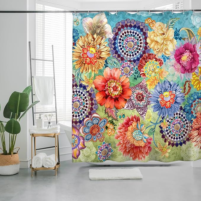 Bohemian Shower Curtain, Boho Floral Print Water Repellent Polyester Fabric - Image 5