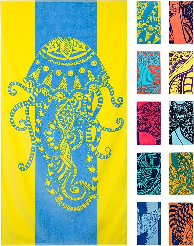 Nova Blue Jellyfish Beach Towel – Tropical Blue & Yellow Colors by NovaBlueBeachAccessories