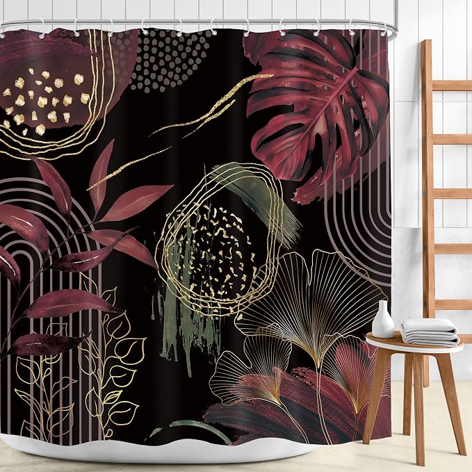 Black Burgundy Boho Shower Curtain 72Wx72H Mid Century Modern Abstract - Image 2