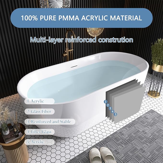 59" Free Standing Tub, Pure Acrylic Freestanding Bathtub, Stylish Stand Alone - Image 6