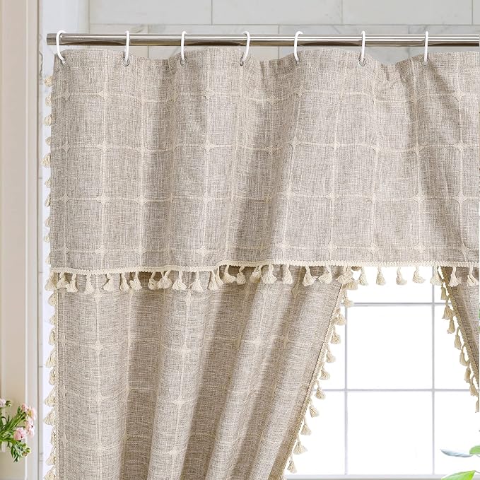 MitoVilla Tan Boho Double Swag Shower Curtain, Polyester Linen Fabric Shower - Image 3