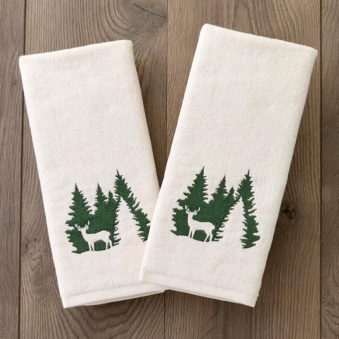 SKL Home Christmas/Winter Deer Spruce 100% Cotton Embroidered 2pc Hand Towel Set - Image 2
