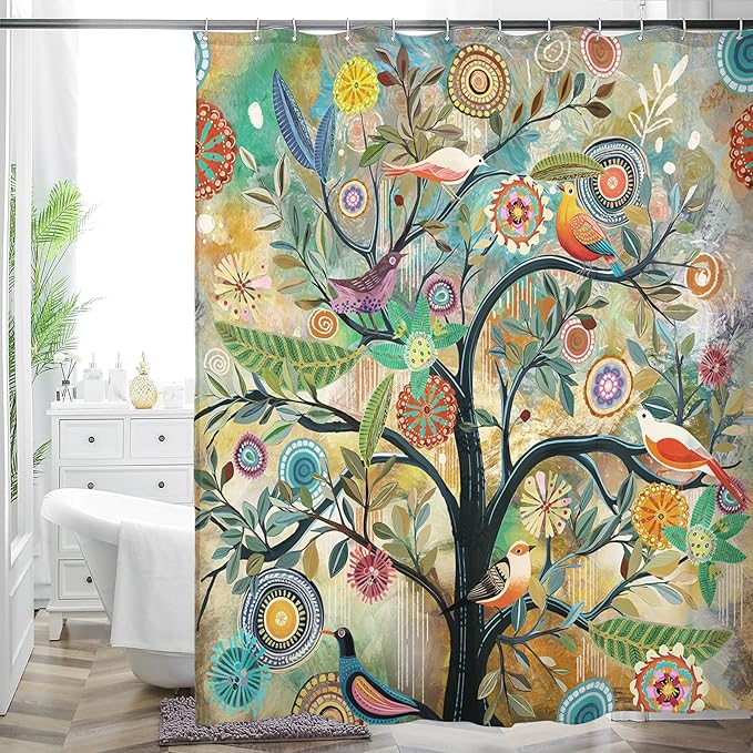Bohemian Shower Curtain, Boho Floral Print Water Repellent Polyester Fabric by WCWahChunshowercurtains