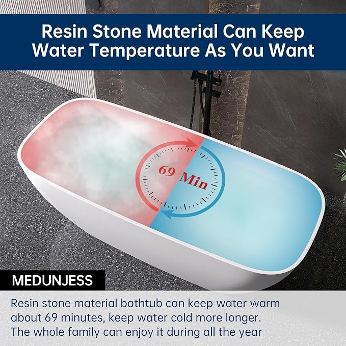 67'' Freestanding Bathtub Resin Stone Deep Soaking Tubs Solid Surface Matte Tub - Image 8