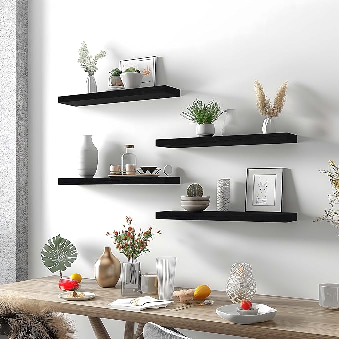Black Wood Floating Shelves for Wall Rustic Wall Shelves for Bedroom Set of 6 - Image 6