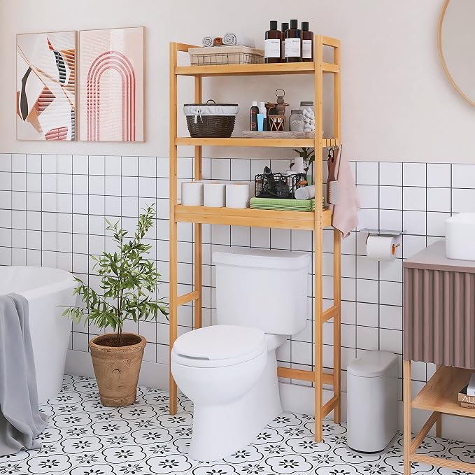 SMIBUY Bathroom Storage Shelf, Bamboo Over-The-Toilet Organizer Rack, - Image 2