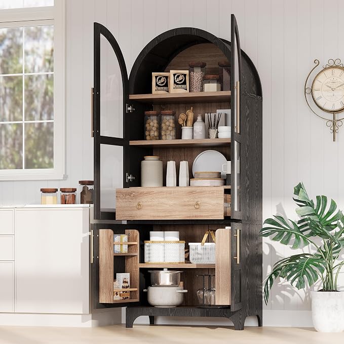 71" Tall Arched Kitchen Pantry Cabinet, Freestanding Kitchens Storage Cabinets - Image 7