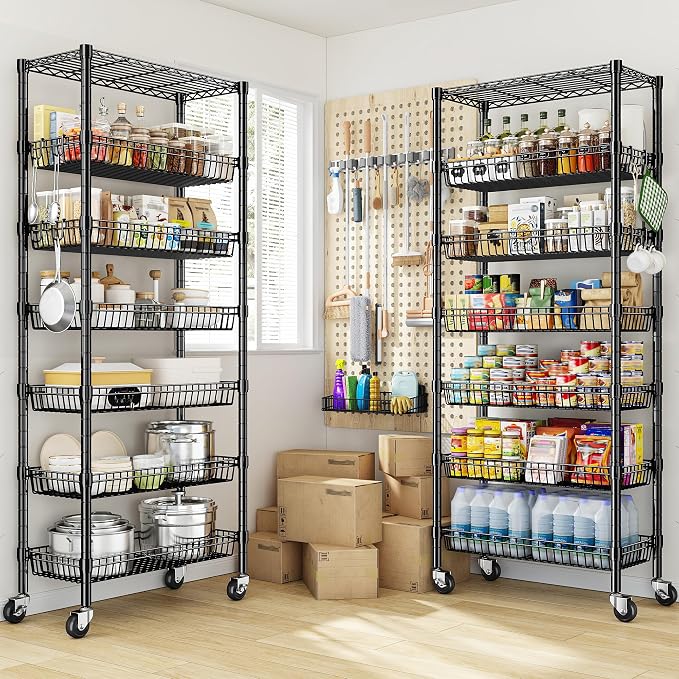 7 Tier Wire Shelving with Wheels 72" H Adjustable Basket Shelf Storage Shelves - Image 5