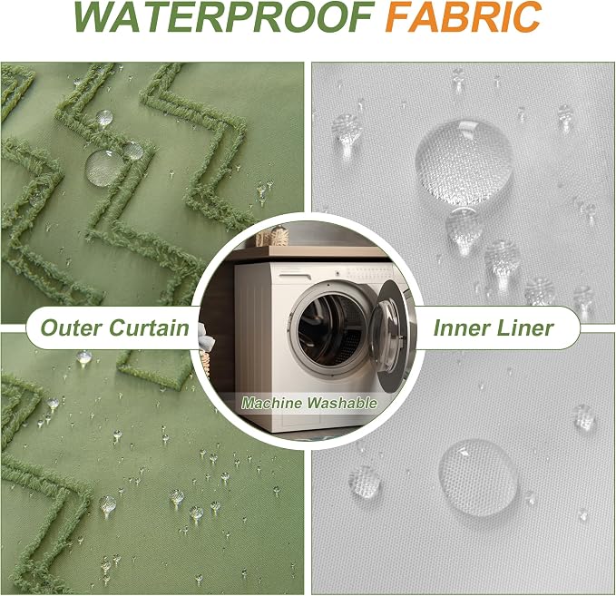 No Hooks Shower Curtain with Snap-in Liner, Sage Green Boho Tufted Chevron - Image 4