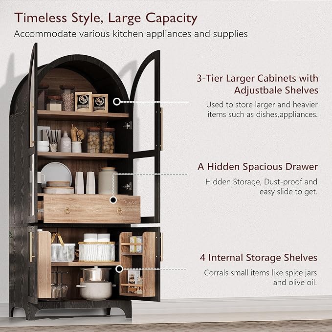 71" Tall Arched Kitchen Pantry Cabinet, Freestanding Kitchens Storage Cabinets - Image 4