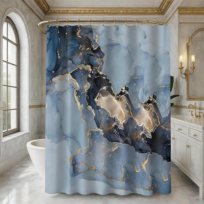 Domoku Blue Marble Shower Curtain 72x72 – Blue and Gold Waterproof Fabric - Image 7
