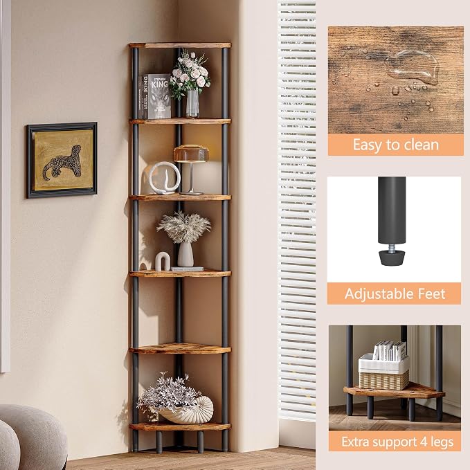 6 Tier Corner Shelf, 66.5'' Tall Standing Shelf, Narrow Display Shelf Stand - Image 6
