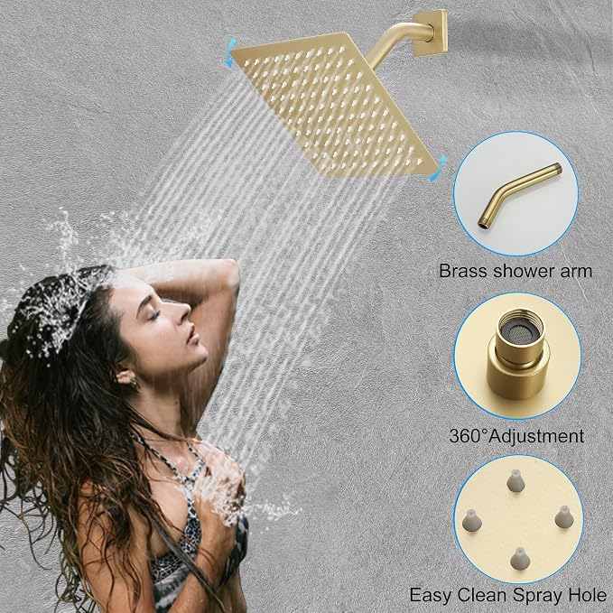 Brushed Gold Shower System, 8 Inch High Pressure Rain Shower - Image 3