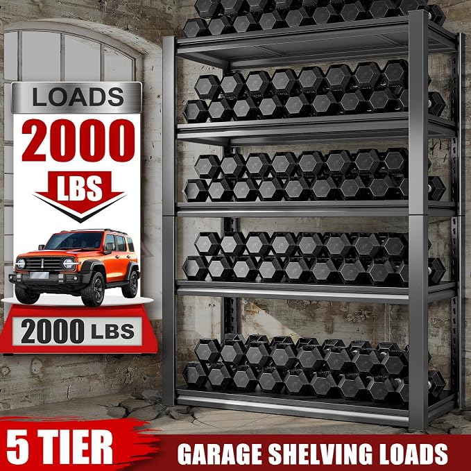 Raybee Storage Shelves, 5-Tier Adjustable Garage Shelves, 2000LBS Metal Shelving - Image 4