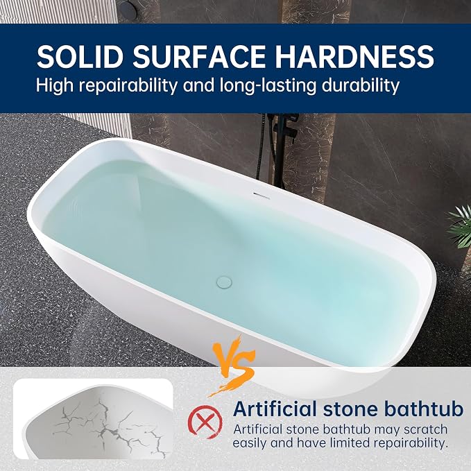 67'' Freestanding Bathtub Resin Stone Deep Soaking Tubs Solid Surface Matte Tub - Image 3