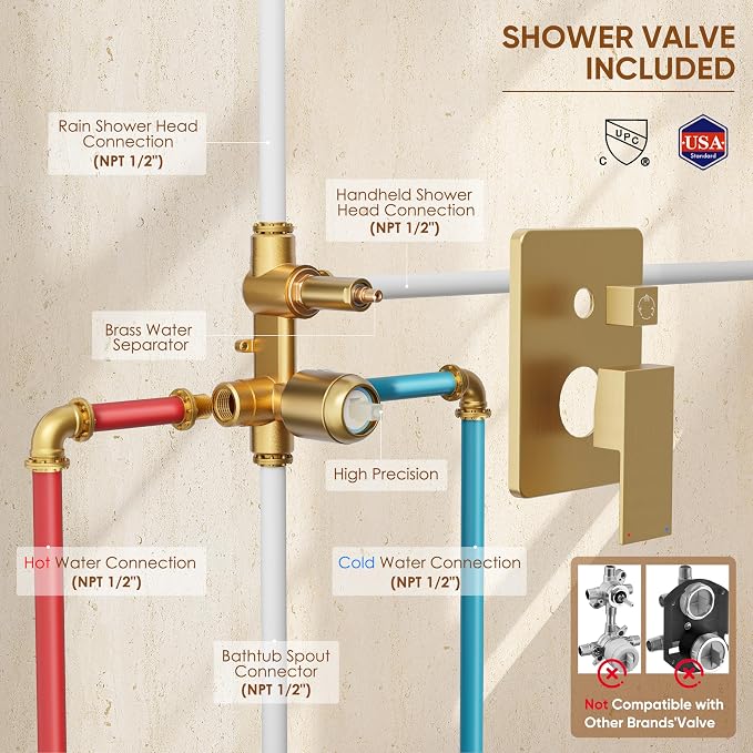 Shower System with Tub Spout, All Metal Tub Shower Faucet Set with 10-Inch Rain - Image 6