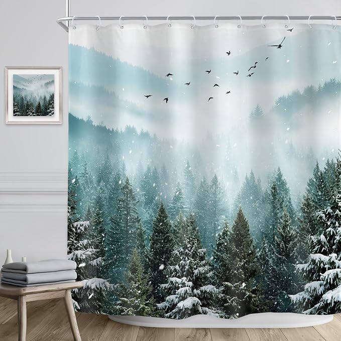 Riyidecor Green Mountain Shower Curtain 72Wx72H Inch Winter Snowy Rustic Sage - Image 3
