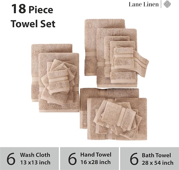 LANE LINEN Towel Set for Bathroom – 18-Pack 100% Cotton, Zero Twist, Includes 6 - Image 3
