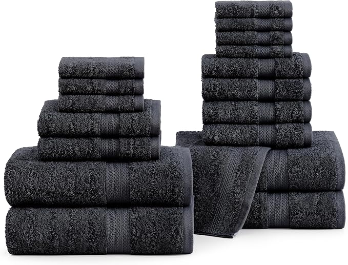 LANE LINEN 100% Ring Spun Cotton Black Bath Towel Set, 8 Washcloths, 4 Shower by LaneLinen