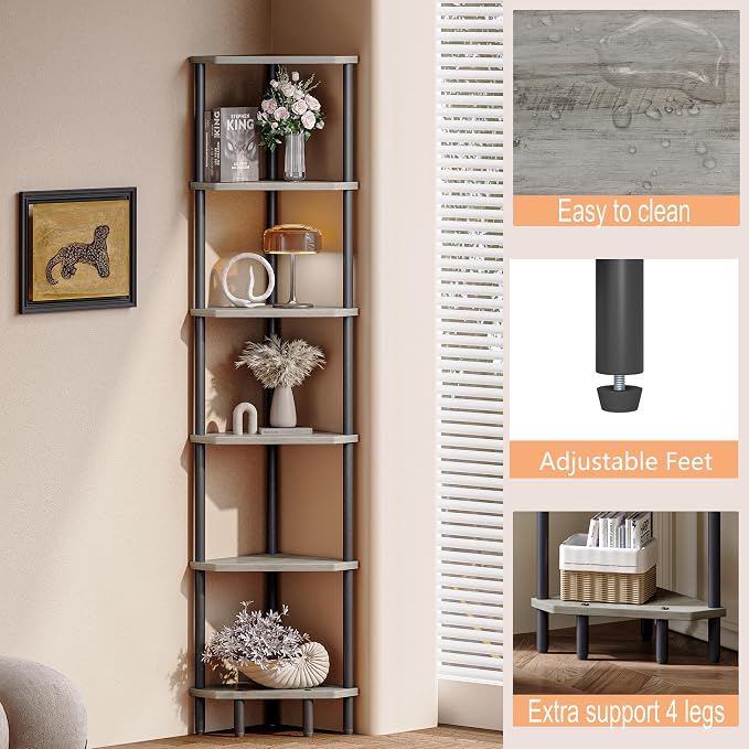 6 Tier Corner Shelf, 66.5'' Tall Standing Shelf, Narrow Display Shelf Stand - Image 7