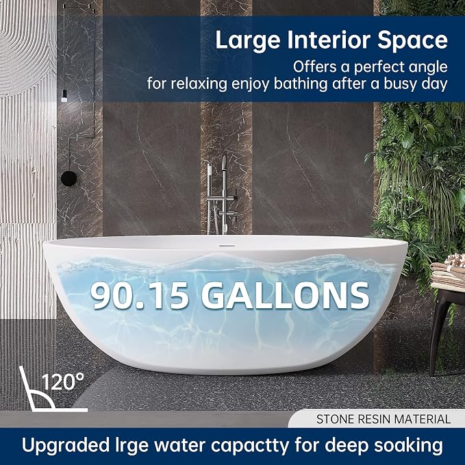 67'' Freestanding Soaking Bathtub Stone Resin Deep Bathtub Modern Bathtub Deep - Image 5