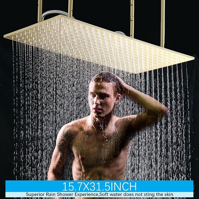 Brushed Gold Rain Shower System Thermostatic Bathroom Faucet Set 16X32 Inch - Image 7