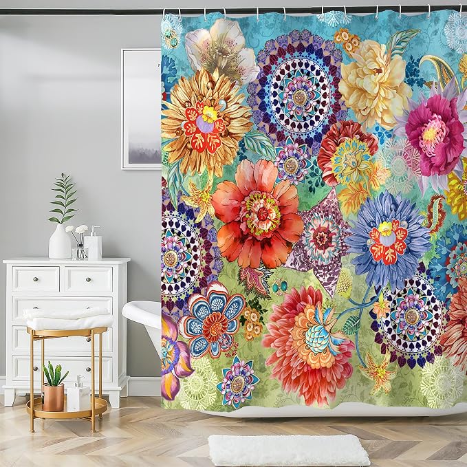 Bohemian Shower Curtain, Boho Floral Print Water Repellent Polyester Fabric - Image 6