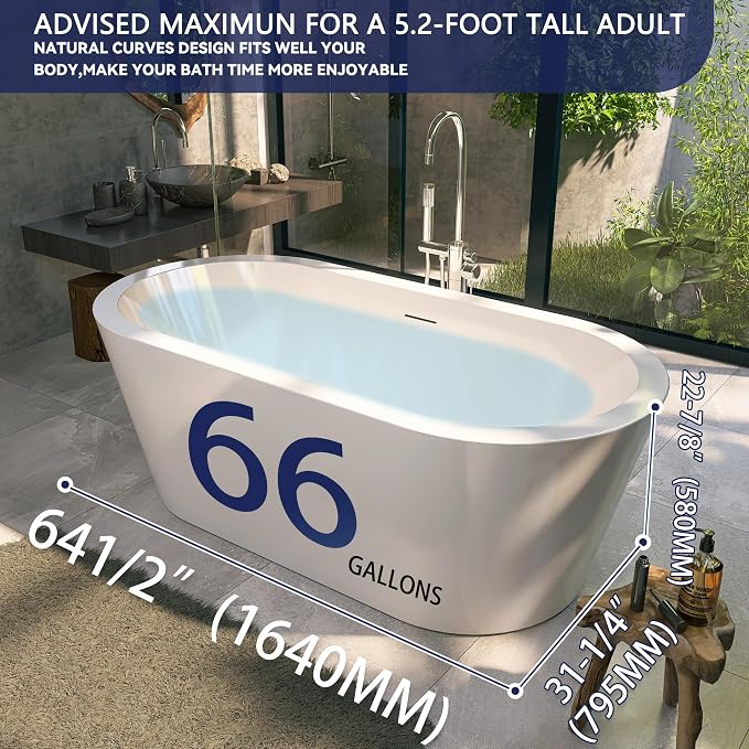 64" Acrylic Free Standing Tub, Stand Alone Tub, Freestanding Bathtub, Soaking - Image 7