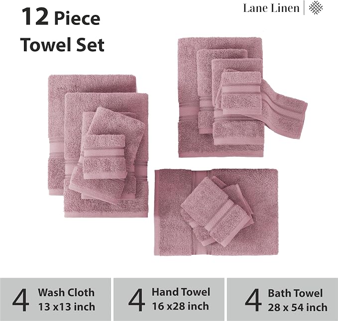 LANE LINEN Bathroom Towels Set of 12 – Zero Twist, 100% Cotton, 4 Bath - Image 3