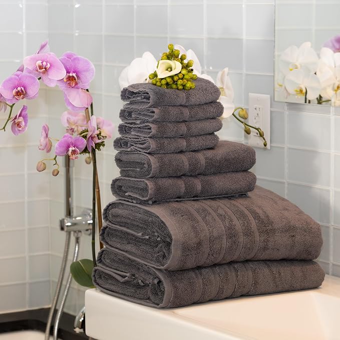 Mosobam Luxury Turkish 8pc XL Towel Set 35X70 16X30 13X13 Charcoal Gray 700 GSM - Image 2