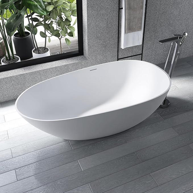 67" Stone Resin Freestanding Bathtub, Oval Solid Surface Bathroom Freestanding - Image 7