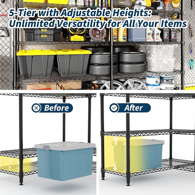 5-Tier Metal Storage Shelves, Adjustable Wire Shelving Unit - Image 6