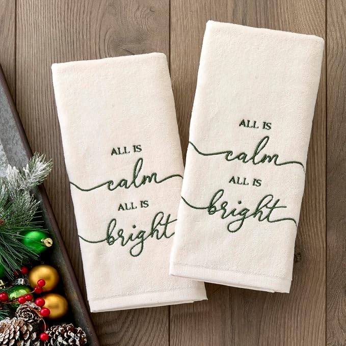 SKL Home Christmas/Winter All is Calm 100% Cotton Embroidered 2pc Hand Towel Set - Image 2