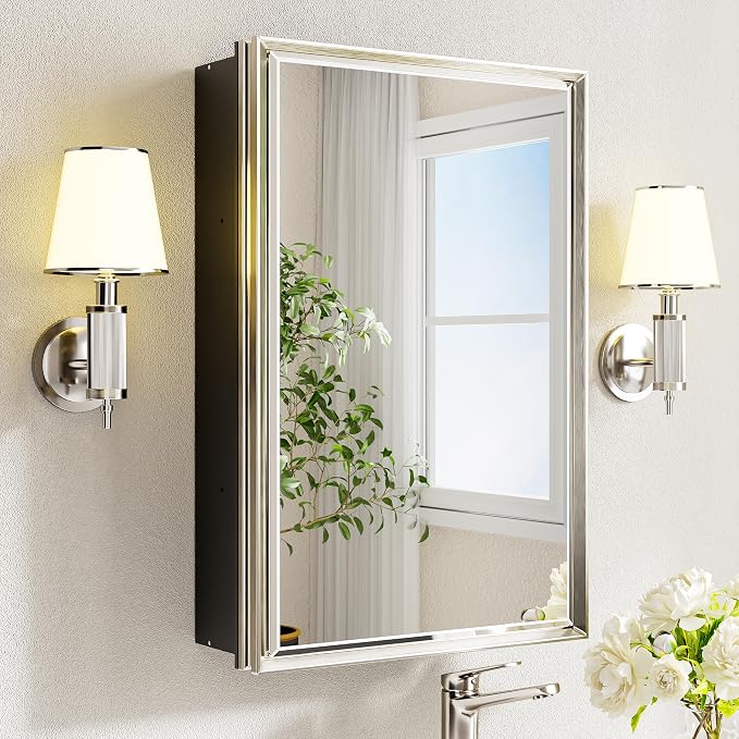 Pre-Assembled Surface or Recessed Medicine Cabinet Mirror-16x24 Brushed Nickel by QUEENFUN