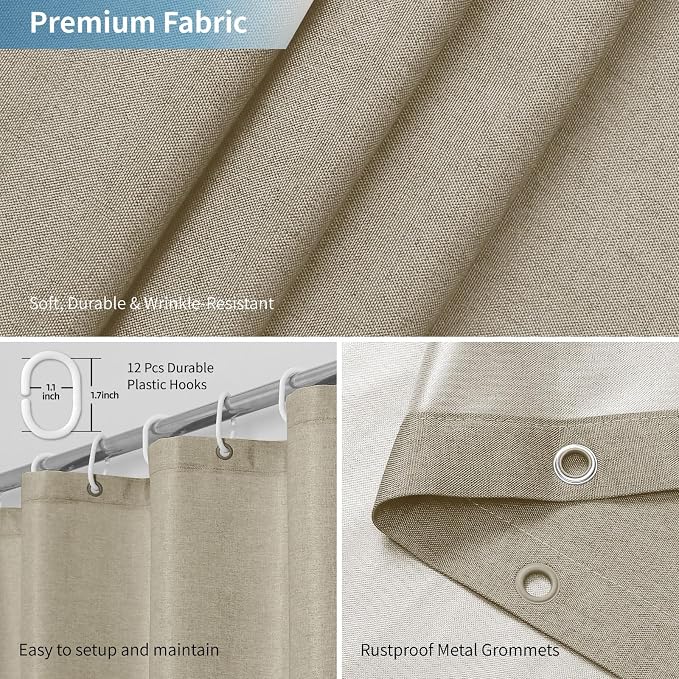 2-in-1 Waterproof Fabric Shower Curtain or Liner, Linen Textured, Breathable - Image 6