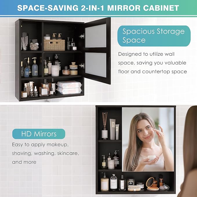 SMIBUY Bathroom Mirror Cabinet Wall Mounted, Bamboo Space Saver Medicine Cabinet - Image 8