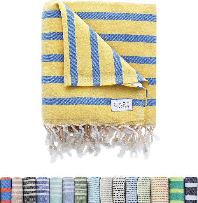 Oversized Turkish Beach Towel, Striped Pale Yellow & Powder Blue by CapeComforts