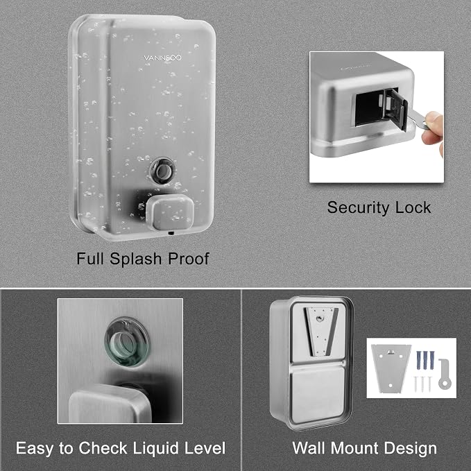 Wall Mounted Soap Dispenser Bathroom, 1100ml 37oz Commercial Stainless Steel - Image 4
