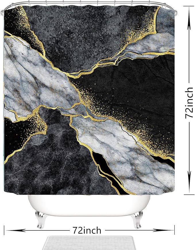 Domoku Black Gold Marble Shower Curtain, Modern Abstract Design, Waterproof - Image 2