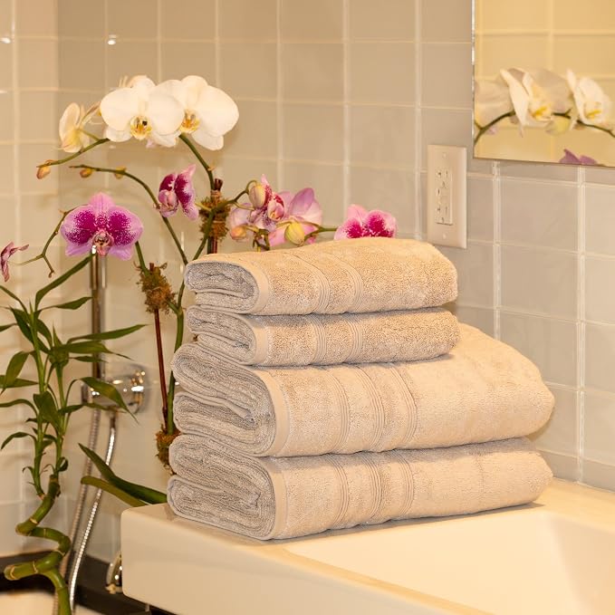 Mosobam Luxury Turkish 4pc Towel Set 30X58 16X30 Light Grey 700 GSM Bamboo - Image 2