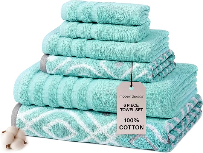 Modern Threads Oxford 6-Piece 100% Cotton Towel Set – Yarn Dyed Jacquard & by ModernThreads