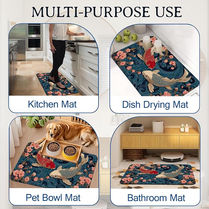 Koi Bath Mat, Japanese Waves Cherry Blossoms Bathroom Rugs, Absorbent Bath Rug - Image 7